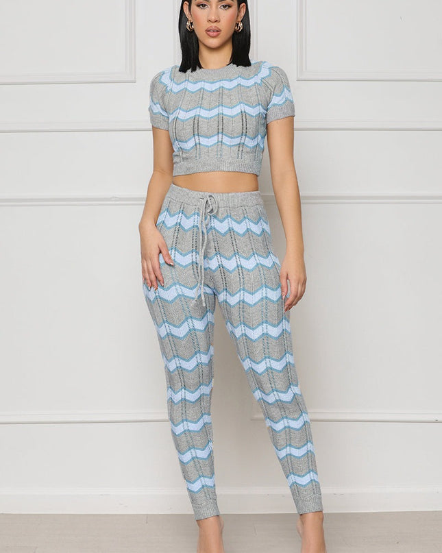Women's Spring Color Matching Woolen Suit Wave Pattern Tight Knit Two-Piece Set - Hey Love Boutique