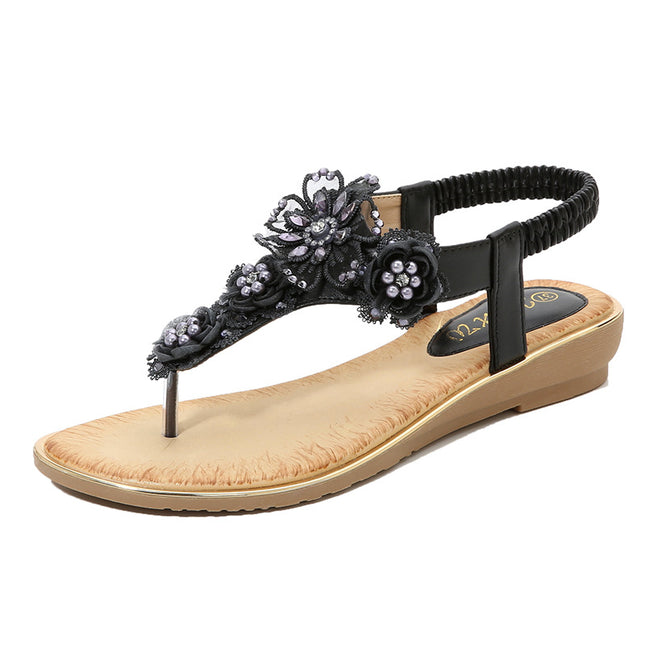 Shoes Women Sandals Women's Clip-On Elastic Strap Open Toe Sandals Flower Trim Flat Sandals