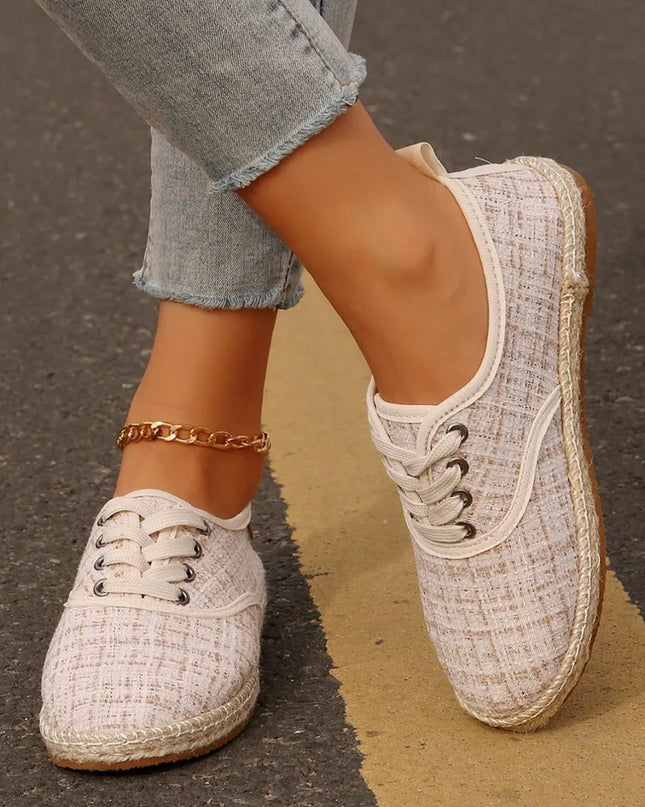 Lace Up Round Toe Flats Tweed Sneakers
