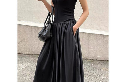 Summer Minimalist Style Women Sleevless Knit Patchwork Casual Long Dress