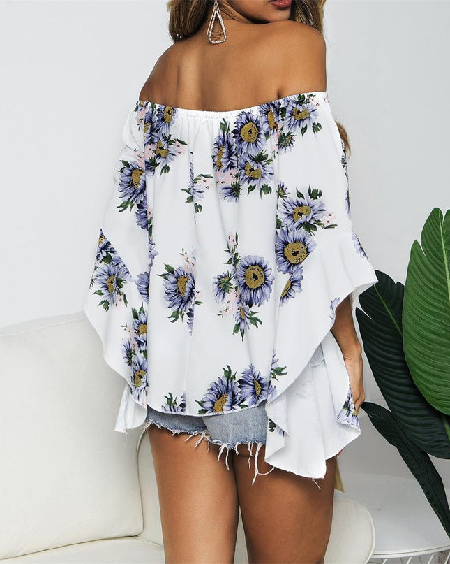 Spring And Summer New Ladies Sunflower Print One-Shoulder Off-The-Shoulder Top - Hey Love Boutique
