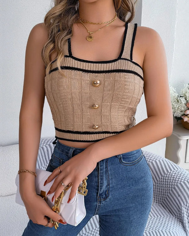 Decorative Button Wide Strap Knit Crop Top