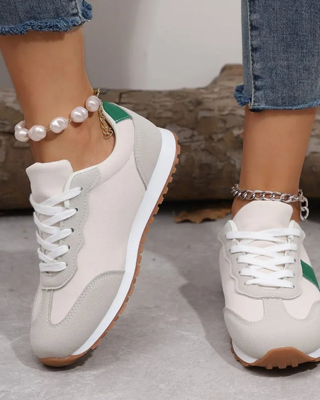 Leather Contrast Round Toe Flat Sneakers