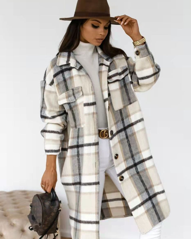Spring And Autumn New Women's Plaid Brushed Medium Long Woolen Coat - Hey Love Boutique