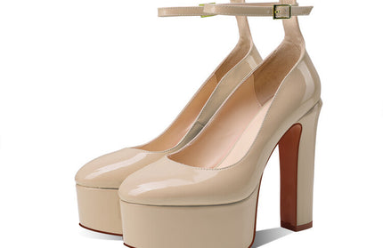 Summer New Round Head Thick Heels Super High Heels Shallow Mouth Ankle Straps Catwalk Large Size Single Shoes Women