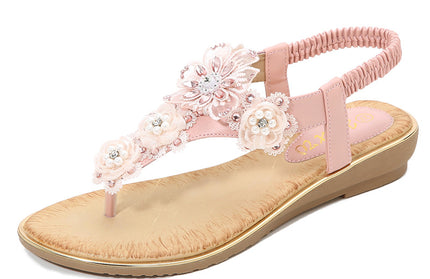 Shoes Women Sandals Women's Clip-On Elastic Strap Open Toe Sandals Flower Trim Flat Sandals