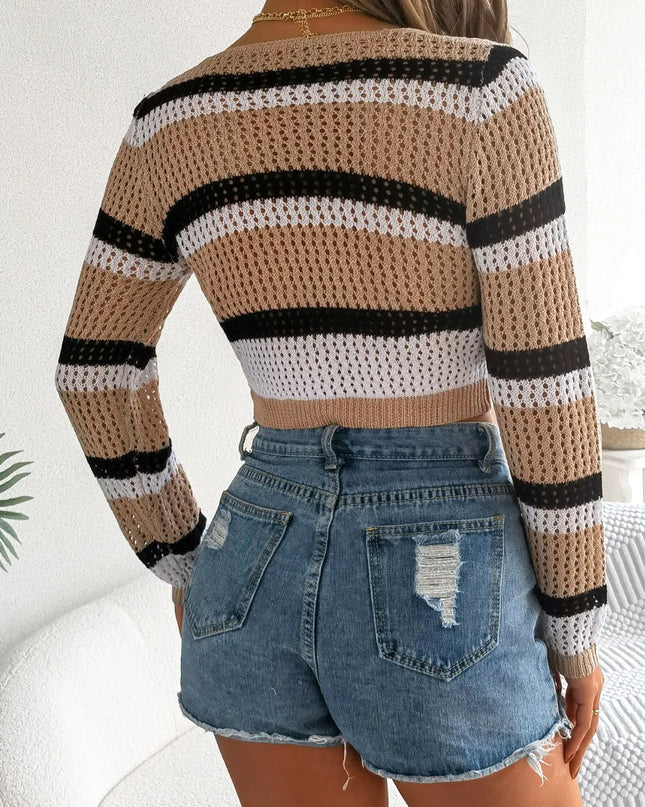 Tied Openwork Long Sleeve Knit Shirt