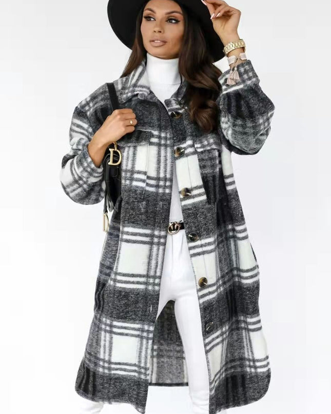 Spring And Autumn New Women's Plaid Brushed Medium Long Woolen Coat - Hey Love Boutique