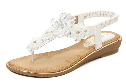 Shoes Women Sandals Women's Clip-On Elastic Strap Open Toe Sandals Flower Trim Flat Sandals