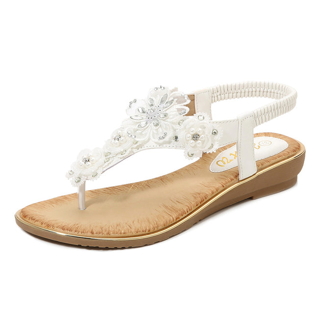 Shoes Women Sandals Women's Clip-On Elastic Strap Open Toe Sandals Flower Trim Flat Sandals