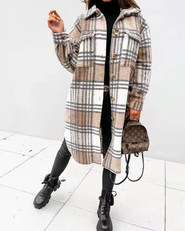 Spring And Autumn New Women's Plaid Brushed Medium Long Woolen Coat - Hey Love Boutique