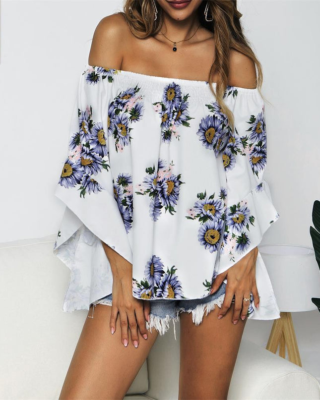 Spring And Summer New Ladies Sunflower Print One-Shoulder Off-The-Shoulder Top - Hey Love Boutique