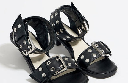 Women's fashionable and comfortable stiletto mid-heel wide rivet strap sandals for outerwear