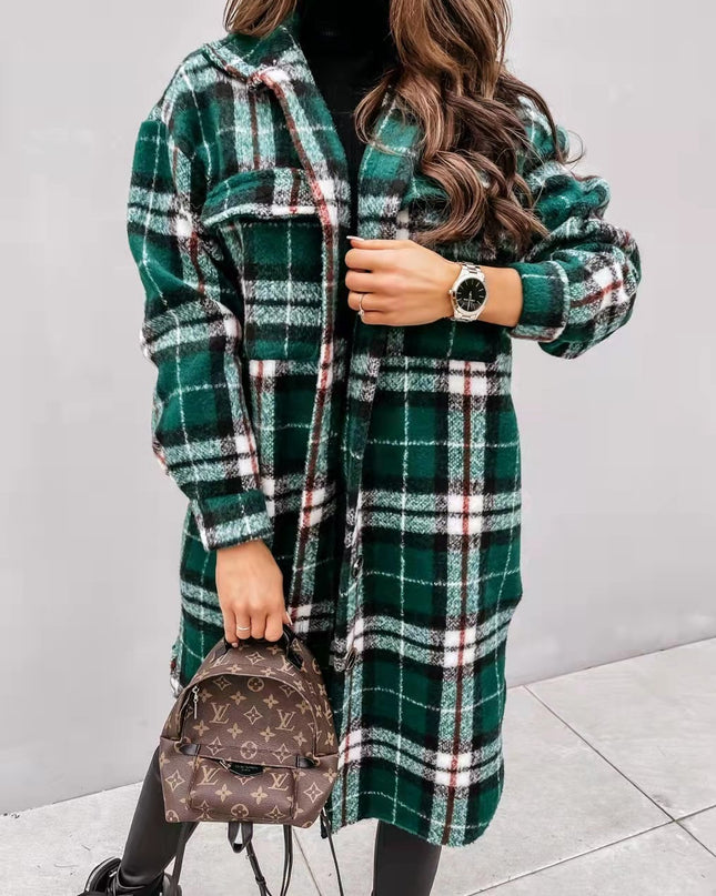 Spring And Autumn New Women's Plaid Brushed Medium Long Woolen Coat - Hey Love Boutique