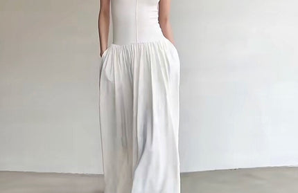 Summer Minimalist Style Women Sleevless Knit Patchwork Casual Long Dress