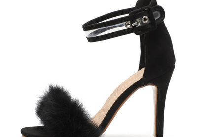 Women Pumps Snake Black High Thin Heels Ankle Strap Platform Faux Fluffy Rabbit Fur Woman Sandal Party Wedding Lady Shoes