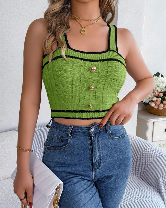 Decorative Button Wide Strap Knit Crop Top