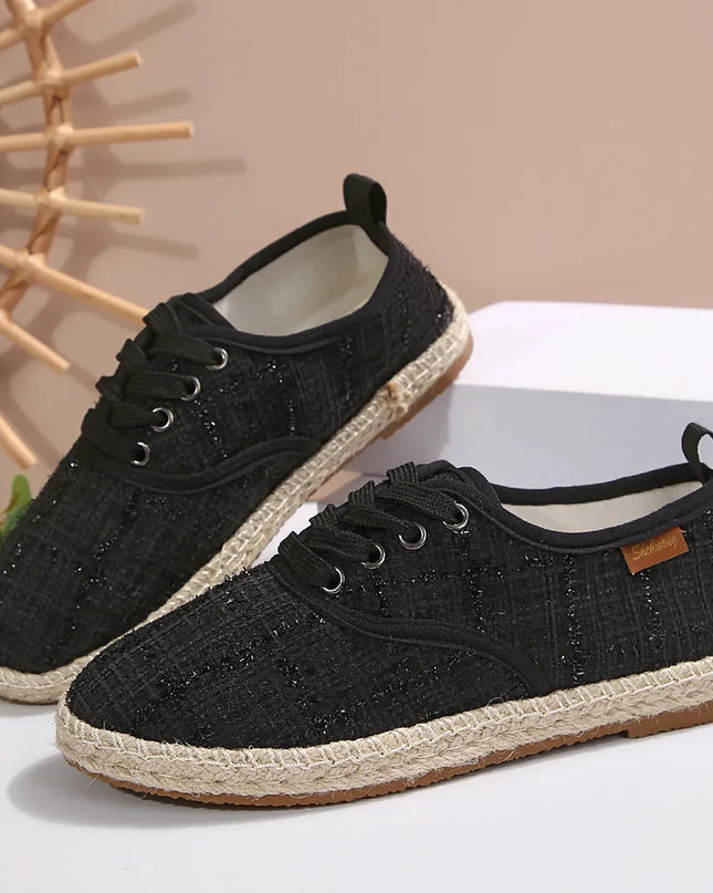Lace Up Round Toe Flats Tweed Sneakers