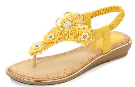 Shoes Women Sandals Women's Clip-On Elastic Strap Open Toe Sandals Flower Trim Flat Sandals