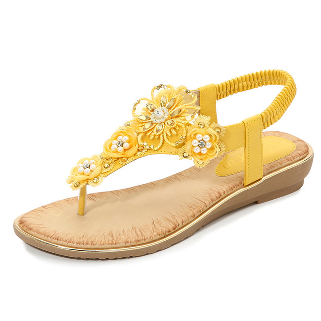 Shoes Women Sandals Women's Clip-On Elastic Strap Open Toe Sandals Flower Trim Flat Sandals