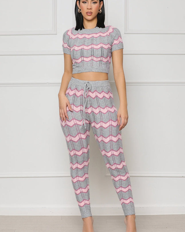 Women's Spring Color Matching Woolen Suit Wave Pattern Tight Knit Two-Piece Set - Hey Love Boutique
