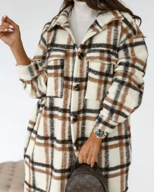 Spring And Autumn New Women's Plaid Brushed Medium Long Woolen Coat - Hey Love Boutique