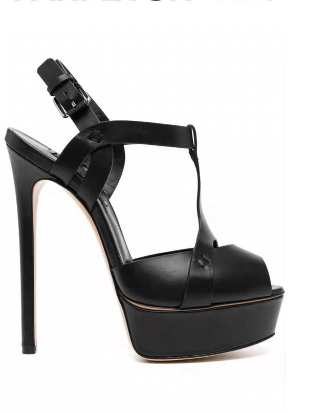 Cross Belt Leather Roman High Heels