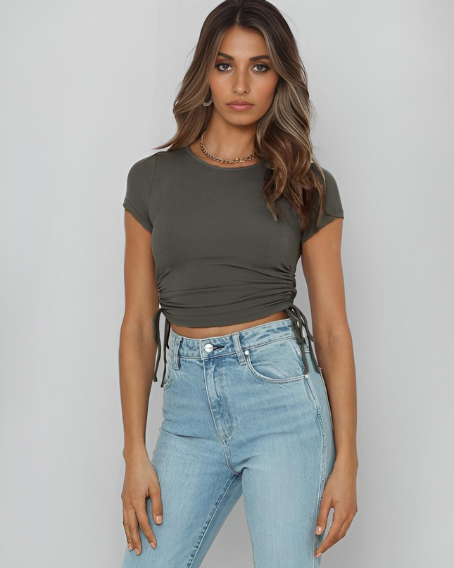 Drawstring Tie Short Sleeved Crop Top