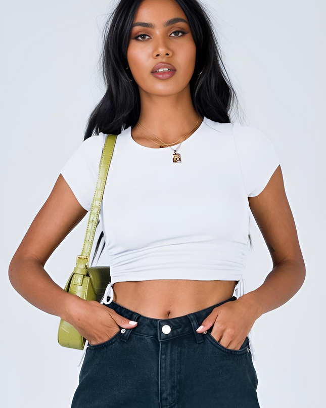 Drawstring Tie Short Sleeved Crop Top