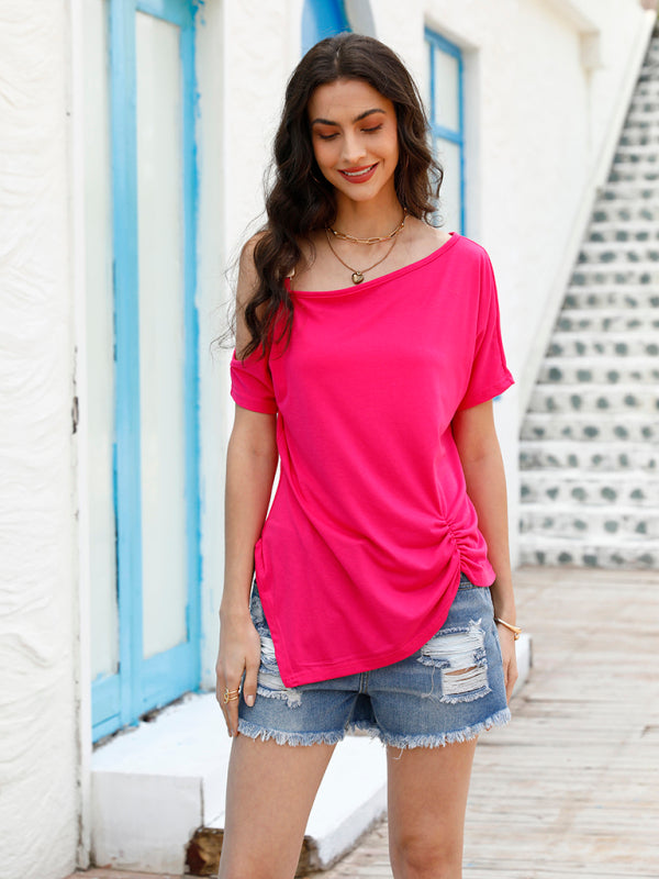 One Shoulder Button Short-Sleeved Shirt