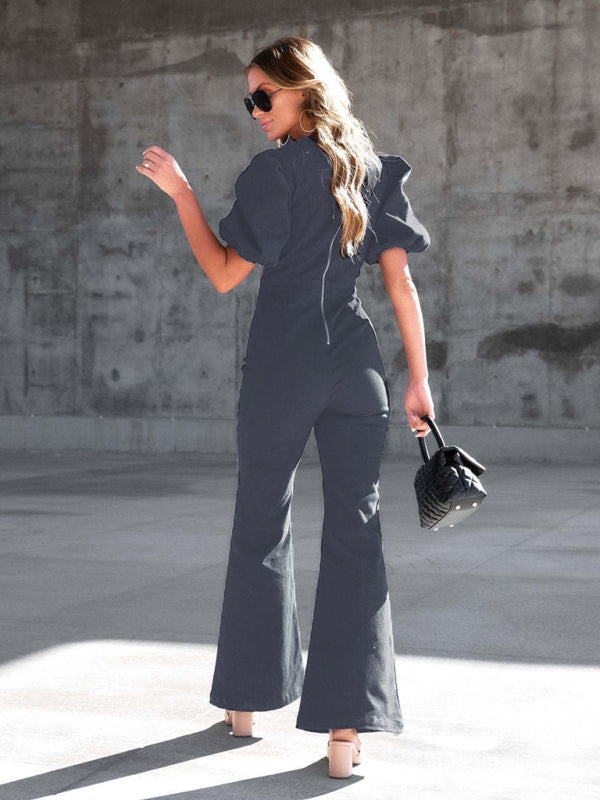 Slim Puff Sleeve Crossover Waist Jumpsuit