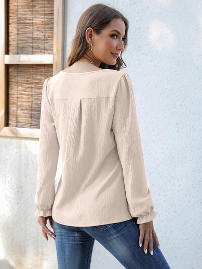 Notched Flounce Sleeve Blouse - Hey Love Boutique