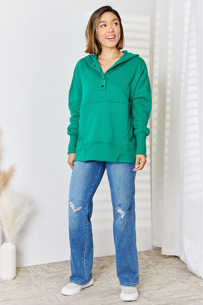 Zenana Half Snap Long Sleeve Hoodie - Hey Love Boutique