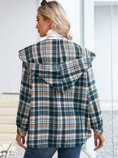 Plaid Snap Down Hooded Jacket - Hey Love Boutique