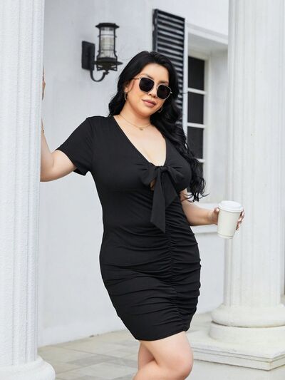 Ruched Tied Short Sleeve Mini Dress - Hey Love Boutique