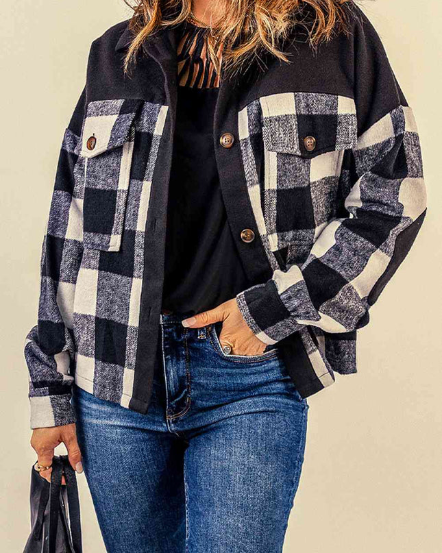 Plaid Button-UpJacket with Pockets - Hey Love Boutique