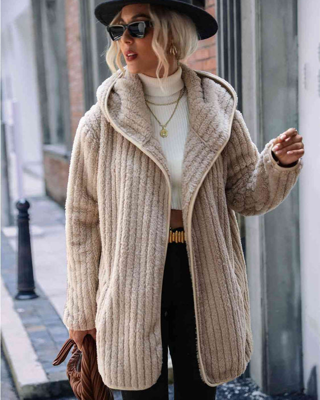 Open Front Ribbed Hooded Coat