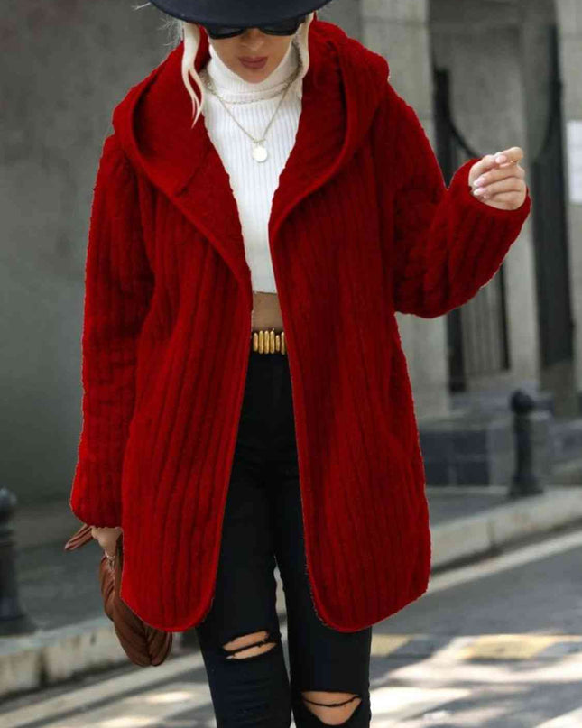 Open Front Ribbed Hooded Coat