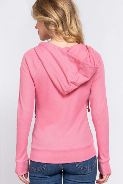 Waffle Knit Drawstring Zip Up Hoodie - Hey Love Boutique
