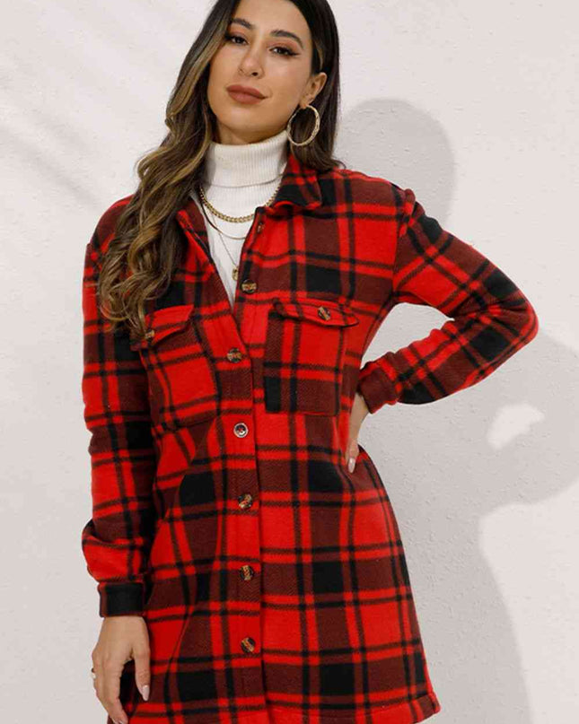 Plaid Collared Longline Coat - Hey Love Boutique