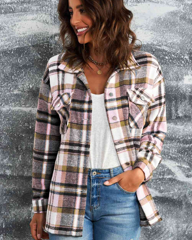 Plaid Button Shirt Jacket with Breast Pockets