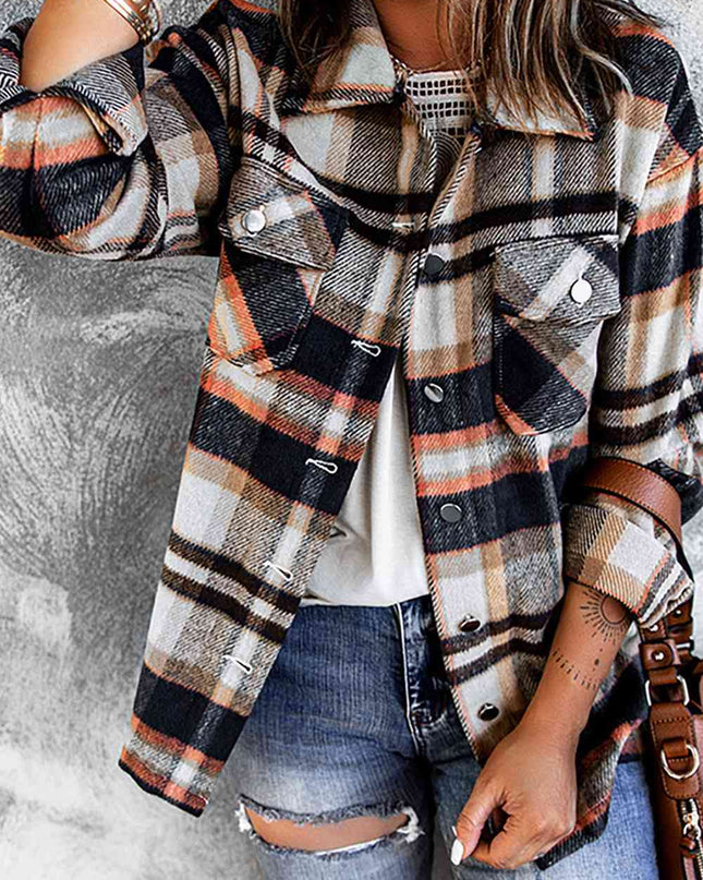 Plaid Button Shirt Jacket with Breast Pockets