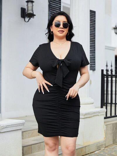 Ruched Tied Short Sleeve Mini Dress - Hey Love Boutique