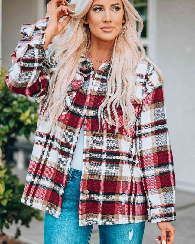Plaid Button Shirt Jacket with Breast Pockets