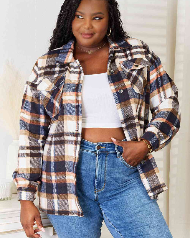 Plaid Button Shirt Jacket with Breast Pockets - Hey Love Boutique
