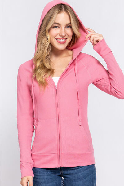 Waffle Knit Drawstring Zip Up Hoodie - Hey Love Boutique