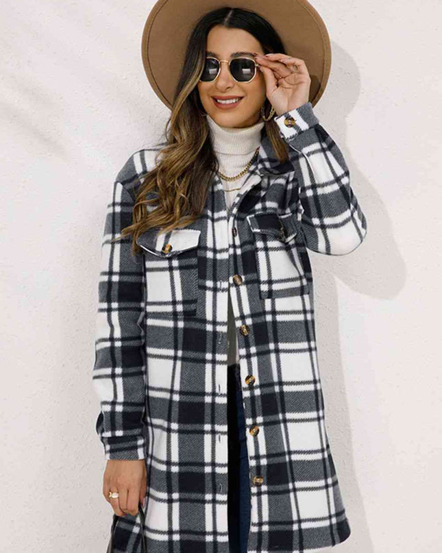 Plaid Collared Longline Coat - Hey Love Boutique