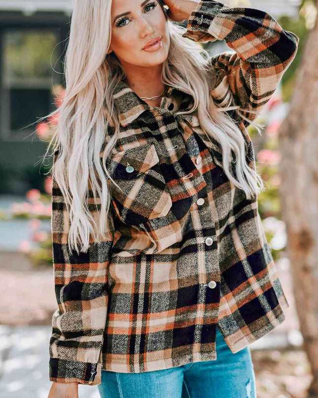 Plaid Button Shirt Jacket with Breast Pockets