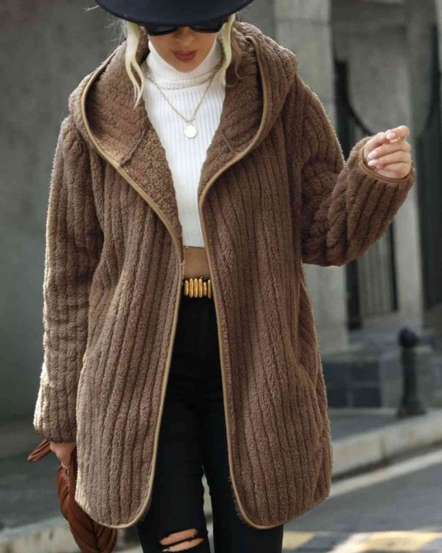 Open Front Ribbed Hooded Coat