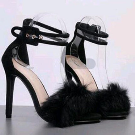 Women Pumps Snake Black High Thin Heels Ankle Strap Platform Faux Fluffy Rabbit Fur Woman Sandal Party Wedding Lady Shoes - Hey Love Boutique